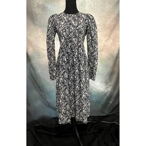 Nina Blanc Navy Blue Floral Cotton Puff Sleeve Midi Dress Made in Spain Small